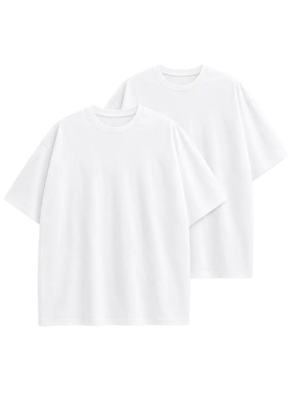 Heavyweight T-Shirts 2-Pack, Unisex 100% Cotton Oversized Plain Casual Shortsleeve Round Neck, Roomy Drop Shoulder, Heavyweight Cotton Men's Short-Sleeve T-Shirts