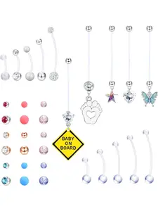Plastic Pregnancy Belly Button Rings Long Bar Navel Rings for Maternity Sport Pregnant Women Flexible Clear Acrylic Dangle Belly Rings with Different Length Bar and Balls for Replacement