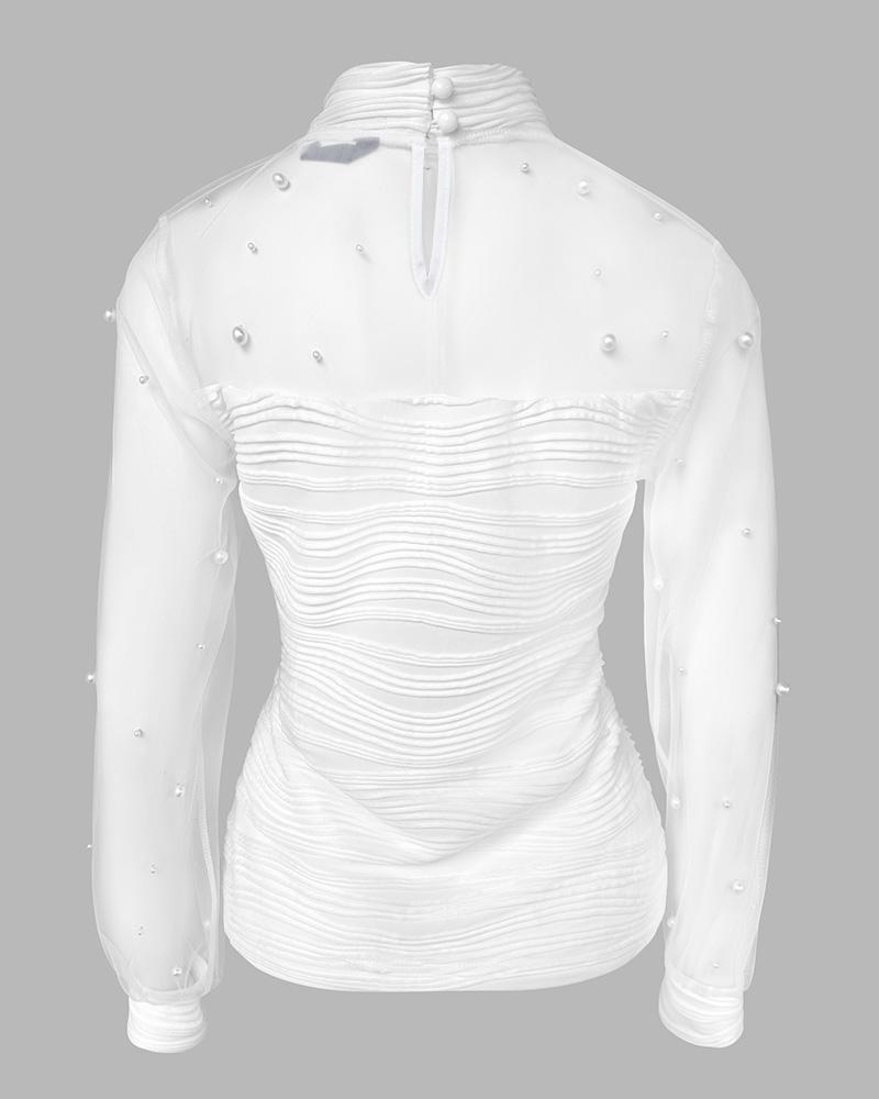 ChicMe Pearls Decor High Neck Sheer Mesh Spliced Ruched Tee Hollow-out Back Slim Fit Textured Top