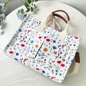 Large Capacity Floral Tote Bag with Kitten Pattern Multi-Functional Canvas Handbag for Commuting Outings School crossbody  purse Women's Segmented Messenger Handbags floral pattern tote bag fits everything bag