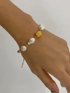 Ladies Bracelet Irregular Shaped Pearl Steel Bead Chain Stainless Steel 18k Gold Plated Waterproof And Anti Allergy Baroque Style Classical And Elegant Jewelry Gift Pearl Beaded Bracelet
