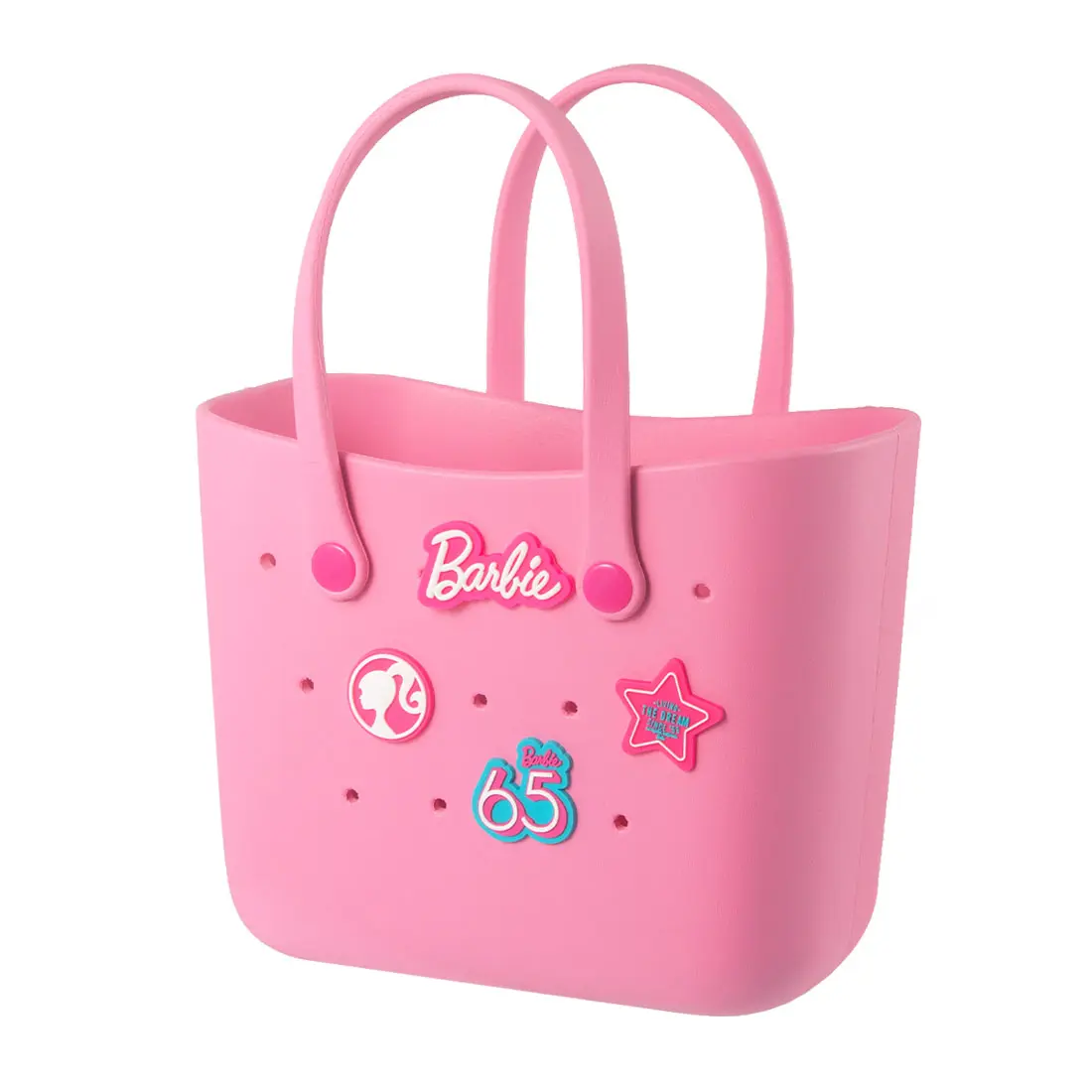 Miniso x Barbie 65th Anniversary EVA Hole Tote Bag, Waterproof Beach Handbag, DIY Charms Decor, Pink Casual Travel Storage Shoulder Bag for Girls Women