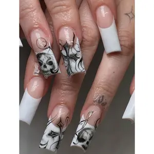32pcs/Set Light Pink Long Square Press-On Nails, Painted Skull Cross With French False Nails.