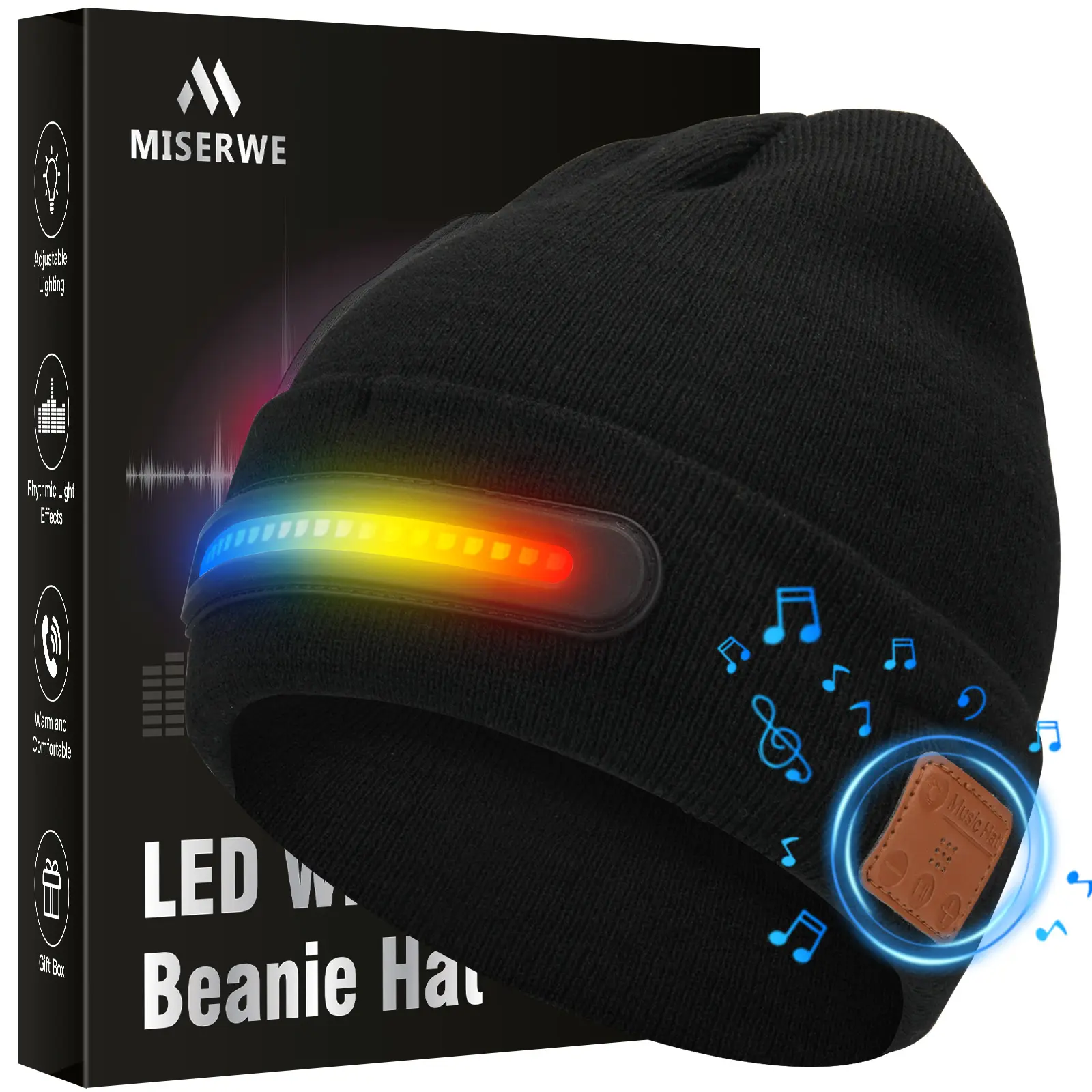 MISERWE LED Wireless Music Cap Beanie Hat with Bluetooth Functionality for Men Unique Winter Stocking Stuffer Gift Ideas Black