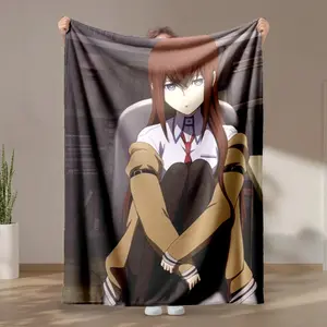 1 piece Kurisu Makise's iconic image from Steins;Gate themed flannel blanket - Oversized comfortable flannel sofa blanket, suitable for beds and sofas, modern geometric pattern design, all-season use, digital printing, 100% polyester material
