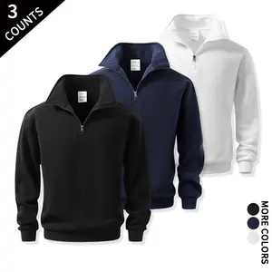 Pack of 3 unisex basic sweatshirt tops/pullovers with half zip collar and quarter zip front, made from soft brushed fleece—ideal for travel, camping, and jogging outfits.