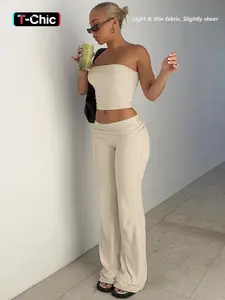 2026 New Model Two-Piece Set Women's Solid Basic Crop Strapless Fitted Tube Top & Foldover Waist Flare Leg Pants, Casual Fashion Cozy Outfits for Daily Outdoor Wear, Ladies Clothes for Summer