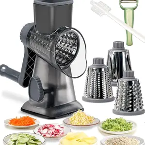 Rotary Cheese Grater Shredder with Handle Handheld Round Mandoline Vegetable Slicer Carrot Shredder Nut Grinder with 3 Replaceable Stainless Steel Drum Blades and Upgrade Strong Suction, White/Cyan