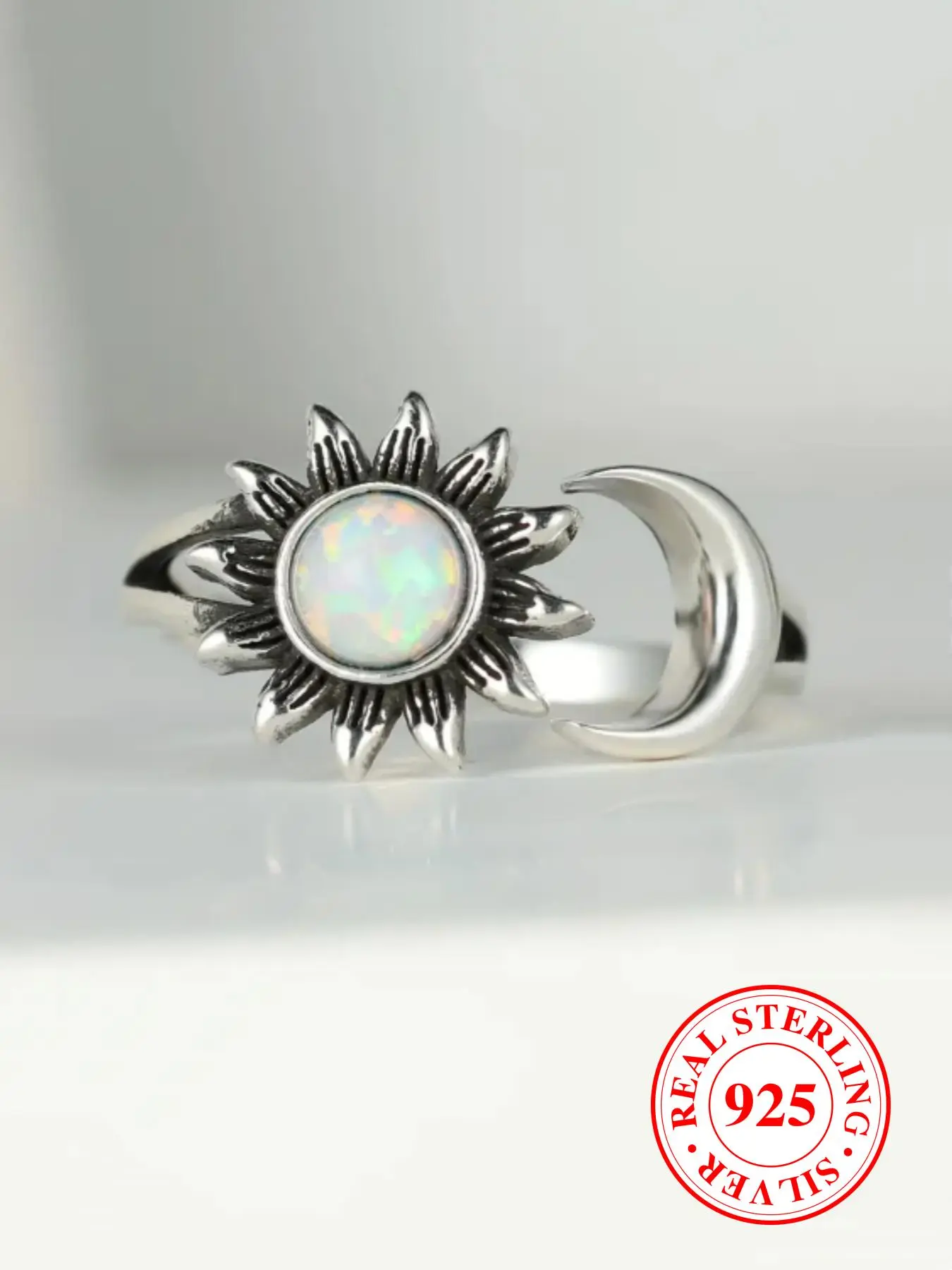 925 Sterling Silver Vintage Sunflower & Moon Design Cuff Ring, Vintage Embossed Ring, Vintage Inspired Ring, Fashion Jewelry Accessories for Women & Men,  for Party, Daily  Decor, Trendy Jewelry for Gift, Vintage Rings, Beautiful Rings