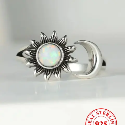 925 Sterling Silver Vintage Sunflower & Moon Design Cuff Ring, Vintage Embossed Ring, Vintage Inspired Ring, Fashion Jewelry Accessories for Women & Men,  for Party, Daily  Decor, Trendy Jewelry for Gift, Vintage Rings, Beautiful Rings