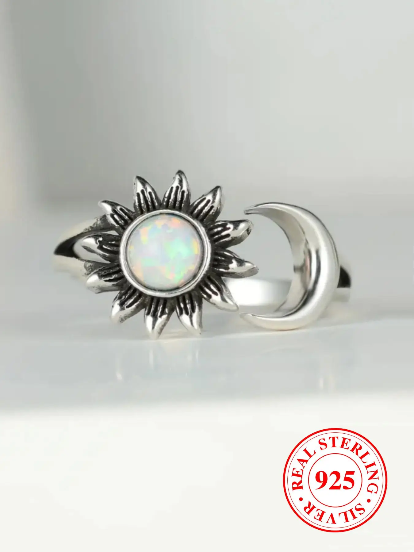 925 Sterling Silver Vintage Sunflower & Moon Design Cuff Ring, Fashion Jewelry Accessories for Women & Men, for Party, Daily Decor, Trendy Jewelry f