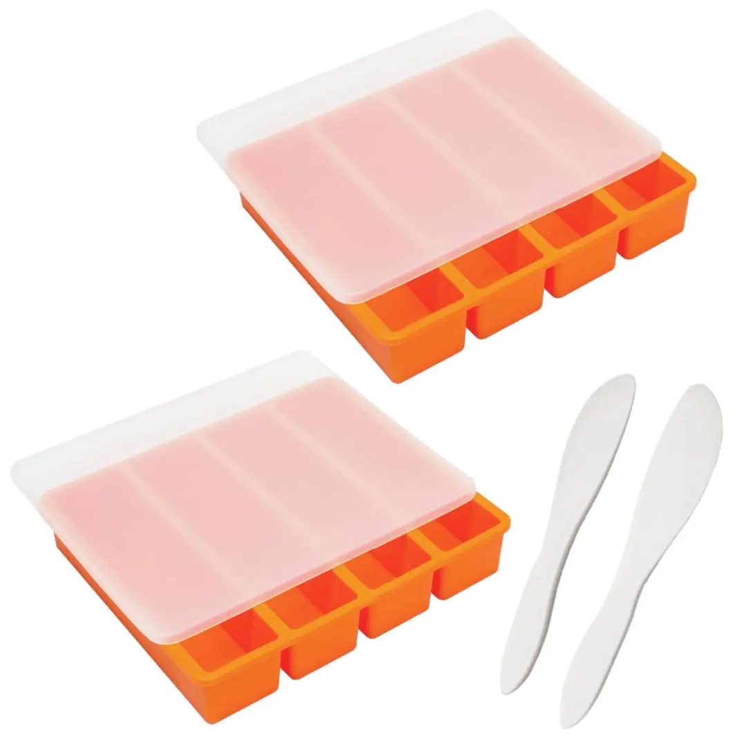 Silicone Butter Mold 2-Piece Set with Lids, 2 Spatulas, Non-Stick Plastic Kitchen Baking Utensils, Easy Release, Freezing Functionality, Garlic Prep Tool, Leak-Proof
