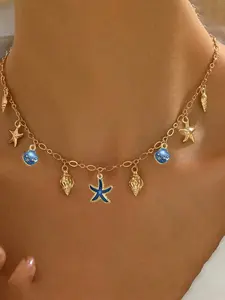 Women's Fashion Pendant Necklace, Vintage Bohemian Ocean Vacation Style, Starfish Shell Conch Turtle Multi-Element Design, Boho Style Jewelry