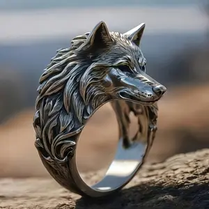 Men's Vintage Wolf Head Ring - Bold Hip-Hop Style, Adjustable Open Band for Weddings, Engagements & Birthday Gifts