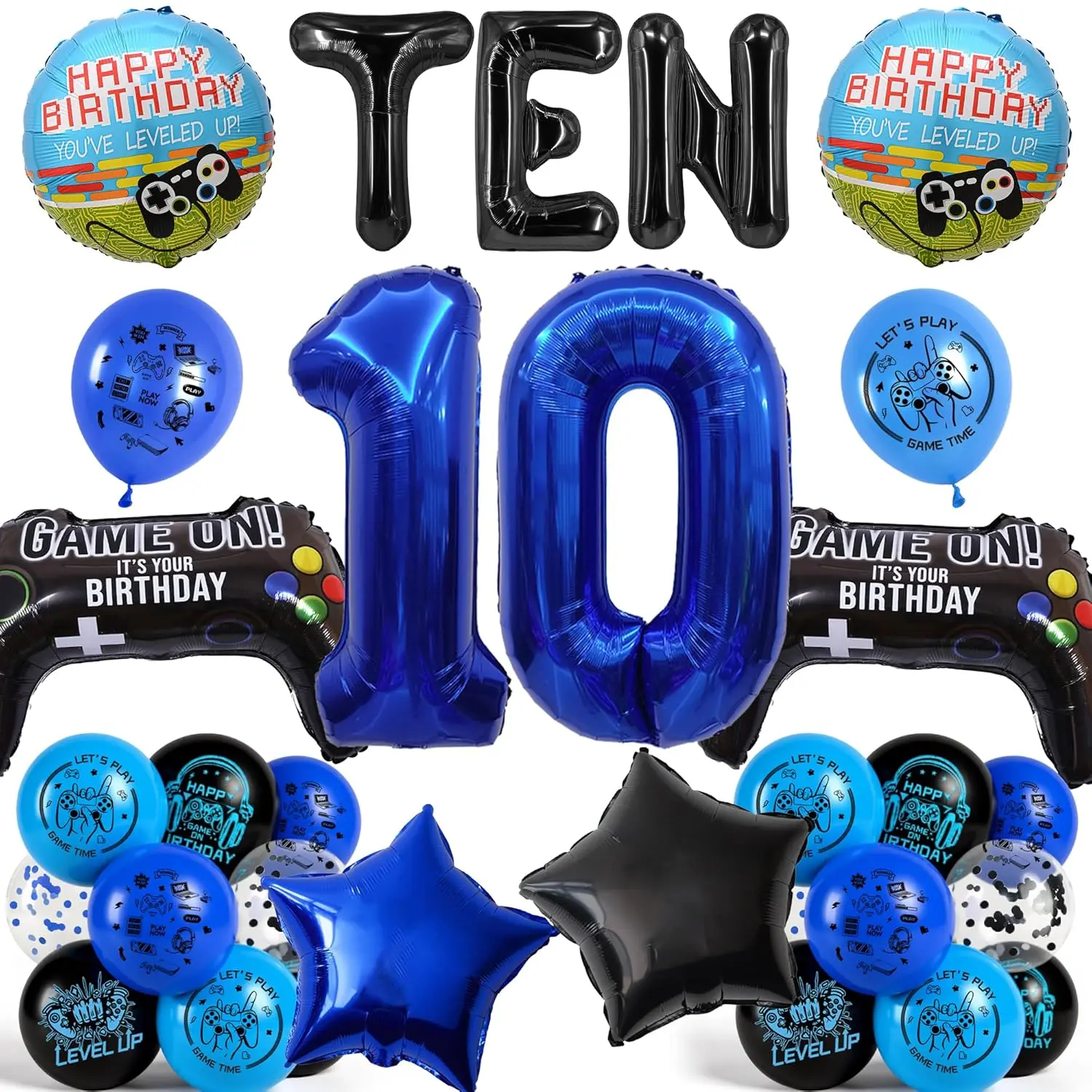 10th Birthday Video Game Balloon Set with Giant Controller & Number Foil for Gamer Party Decor