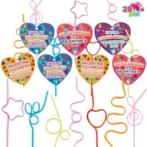 28 Pack Valentines Day Gift Cards with Gift Colorful Crazy Loop Reusable Drinking Straws for Classroom Exchange Prizes, Valentine Party Favors Toy