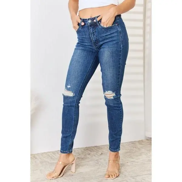 RISEN JUDY Women's High Rise Slim Jeans, Skinny Fit in a Stretchy Fabric Distressed Denim Style with 5-Pocket Design