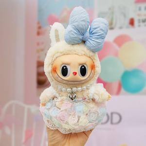 Labubu 17cm Doll Clothes Set - Sweet Lolita Cotton Dress & Hair Accessories (Doll Not Included) Costume