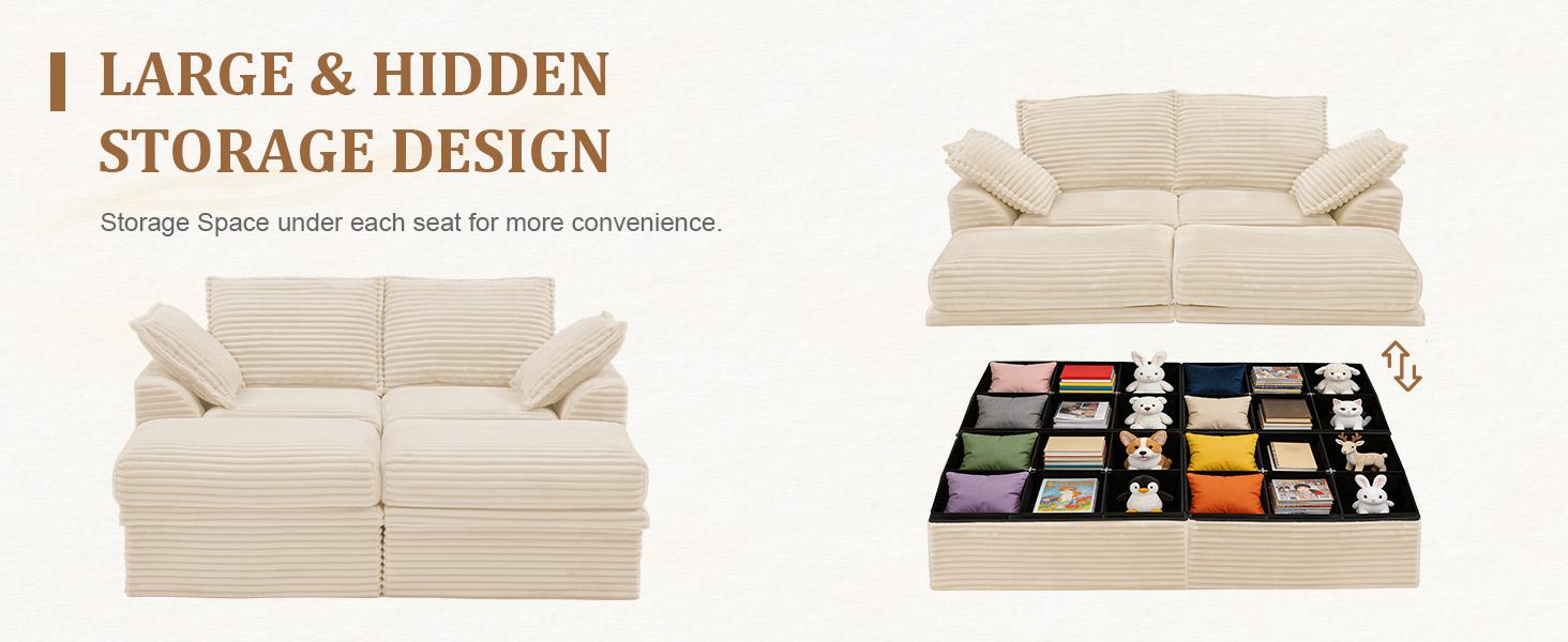 【2 Packages Shipping】NABUMI 71" Small Modular Sectional Sofa with Storage, Extra Deep&High Seat Corduroy Cloud Couch, 2 Seater Loveseat Sofa with Ottomans, Comfy Fluffy, Free Combination, Tool-Free Assembly, Black, Beige, Dark Gray, Green