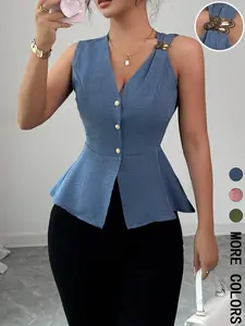 Women's Solid Color V-Neck Sleeveless Blouse Shirt, Metal Buckle Detail, Peplum Hem, Waist-Flattering Cut, Breathable Fabric, Office & Casual Summer Wear, Elegant Tailored Style，1 Piece