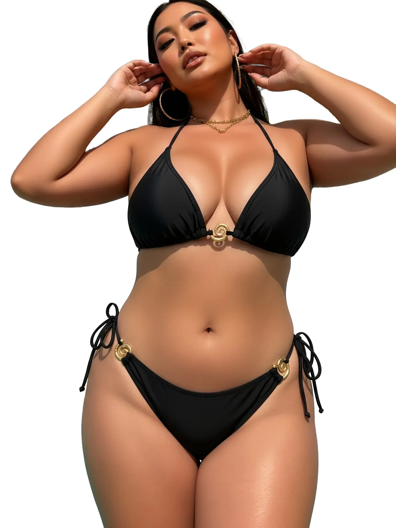 [Plus Size] Two-Piece Set Solid Color Bikini Set, Casual Fashion Chic Bikini Top & Tie Side Swim Bottom Two-piece Swimsuit for Beach Holiday Vacation, Women's Swimwear for All Seasons, Triangle Bikini Set, Bikinis Set, Casual Elegant Bikini