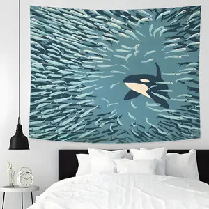 Orca Pod Swimming with Fish Tapestry - Artistic Marine Life Wall Hanging with Whale & School of Fish, Ocean Theme Background Fabric for Bedroom & Living Room Decor