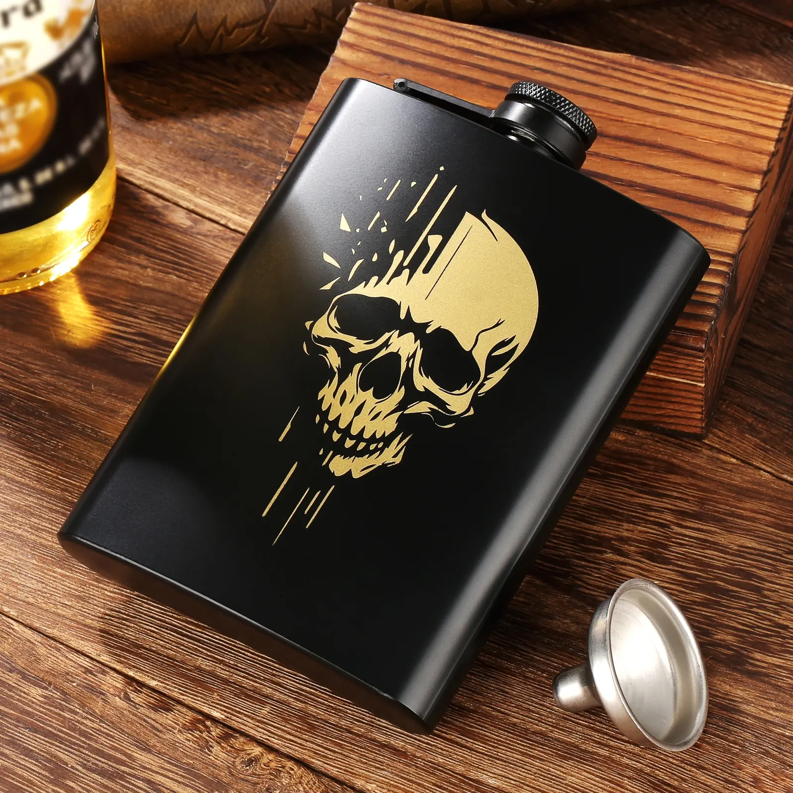 Stainless Steel Pocket Flask, Skull Pattern Personalized Design, Perfect for Camping Hiking Outdoor Activities, 8 Ounce Capacity, Halloween