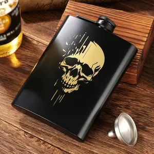 Stainless Steel Pocket Flask, Skull Pattern Personalized Design, Perfect for Camping Hiking Outdoor Activities, 8 Ounce Capacity, Halloween