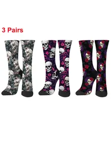 3 Pairs of Men's Harajuku Dark Punk Style Floral Skull Print Mid-Calf Socks - Classic Retro Trendy Women's Crew Socks Comfortable Non-Slip Breathable Mid-Calf Socks for Home, Sports, Parties, Travel, Holiday Gifts Casual Stylish Socks
