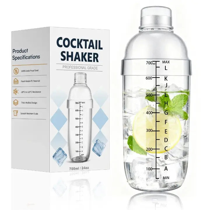 24oz Plastic Cocktail Shaker with Measuring Scale, Leak-Proof Drink Mixer, Shatter-Resistant Cocktail Shaker for Bartending, Protein Shakes, Iced Coffee & Milk Tea, Clear