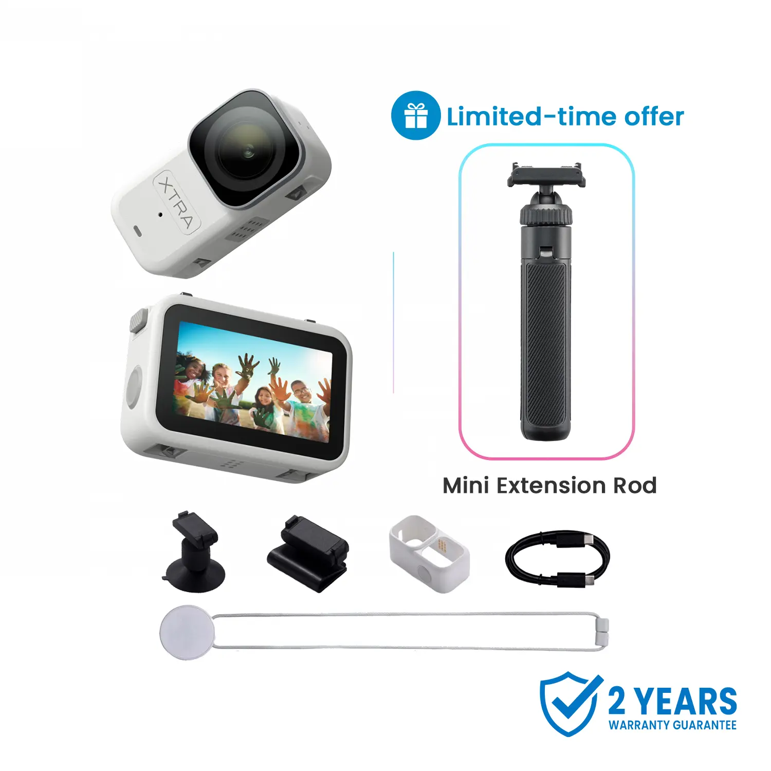 Xtra Atto Wearable 4K Action Camera, 54 g, Light and Compact, 1/1.3″ Sensor, 4K/60fps Video, 220‑Min Max Recording, 5-Min Pre-Recording, Built-in Stabilization, 128GB Storage, 600MB/s Fast Transfer