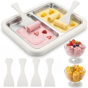 Dual Pan Rolled Ice Cream Maker for 2 Flavors, Ice Cream Roller Tray with 4 Scrapers, 304 Stainless Cold No-Easy to Use for DIY Rolled Gelato Yogurt(White)