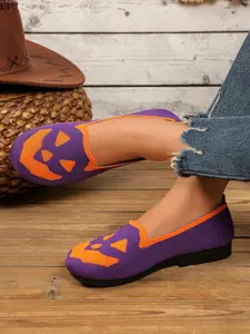 Women's Halloween Pumpkin Print Flat Shoes, Breathable Textile Slip-Ons, Lightweight Comfortable Casual Footwear for All Seasons