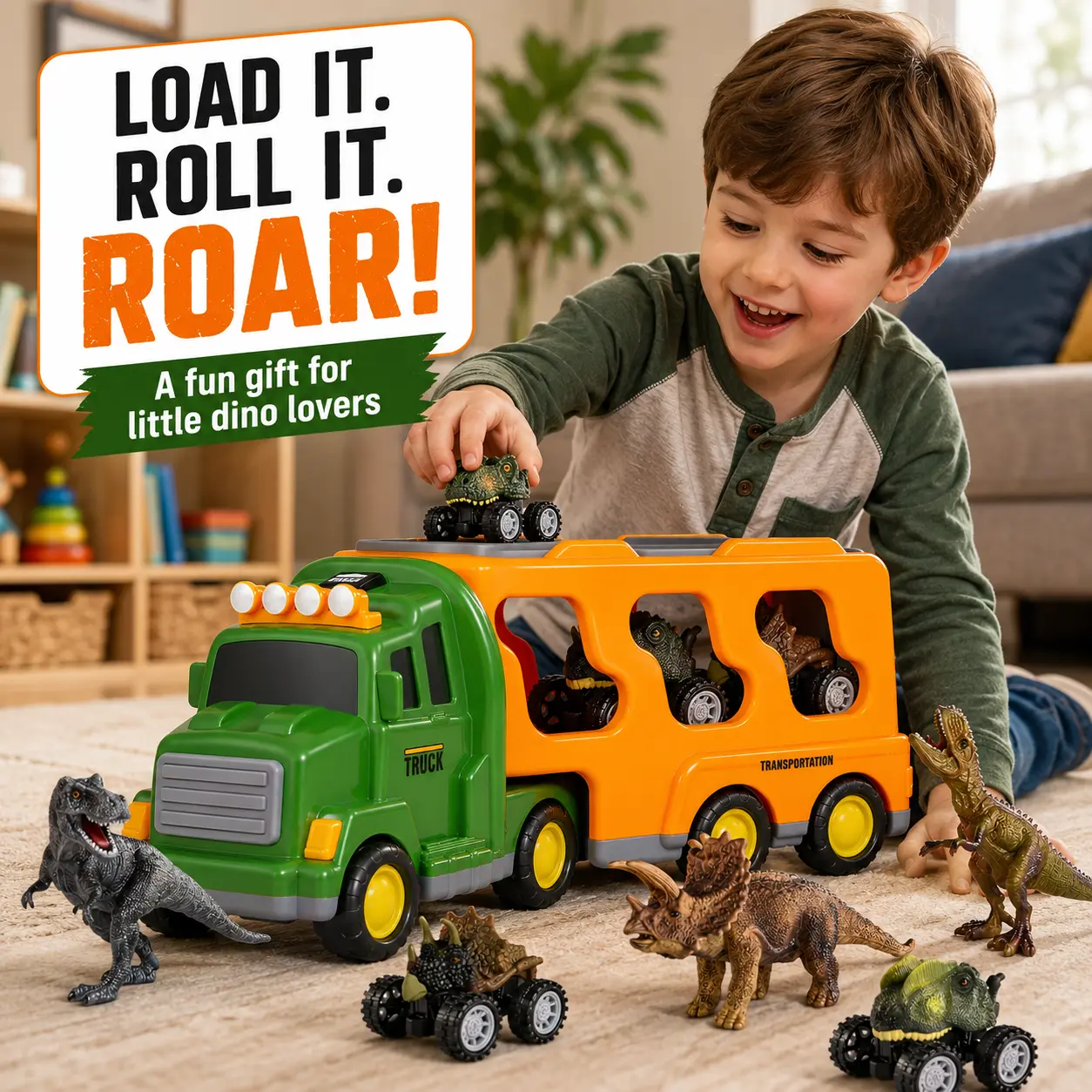 7-in-1 Dinosaur Monster Truck Carrier Toy Set with 3 Dino Cars & Figures, Perfect Storage Toy Gift for Boys Age 3+