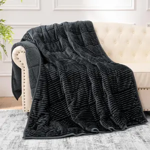 Fleece Adult Weighted Blanket with Ribbed Stripes, 15 Pounds Dual Sided Soft Plush Blanket for Couch Bed Sofa, Heavy Thick Blankets with Glass Beads Great for Sleep, Dark Grey, 48" x 72"