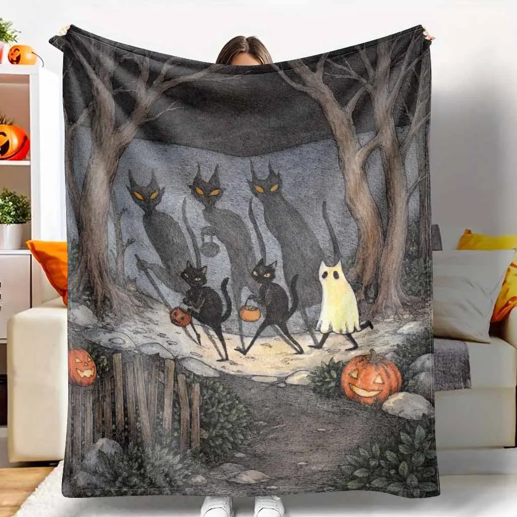 Halloween Cat Flannel Blanket with Mystic Forest Pumpkin Ghost Print Soft Cozy Lightweight Warm Plush Throw for Sofa Bed Camping Party Autumn Decor Housewarming Gift