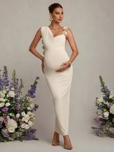 ELARA Maternity Clothes Maternity  Dress Summer Pregnant Clothes Apricot Maternity Dress With A Halter Neckline, Lace Trim, Open Back, Long And Stretchy