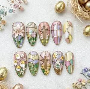 Pastel Easter Stained Glass Press On Nails, Cross Bunny Design, Spring Religious Manicure, Almond Nail Art Set, Handmade Holiday Glue On