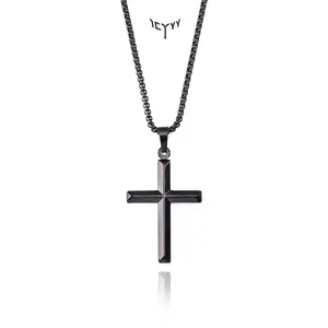 ICYYY Black Cross Necklace for Men And Women, 316L Stainless Steel, Box Chain, Delicate Cubic Zirconia Pendant, Accessory for Autumn, Boyfriend Gift, Christmas Gift