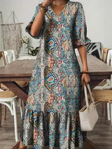 Boho V-Neck Midi Dress for Women, Womenswear Loose-Fitting Casual Style, Available in 4 Colors, Bohemian Vintage Ethnic Print, Summer Vacation Wear