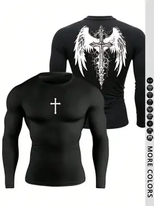 Men's Fitted Outdoor Sports Print Long Sleeve T-Shirt, Comfortable Breathable Compression Fitness Training Tee, Casual Fashion Workout Shirt, Compression Workout Shirts