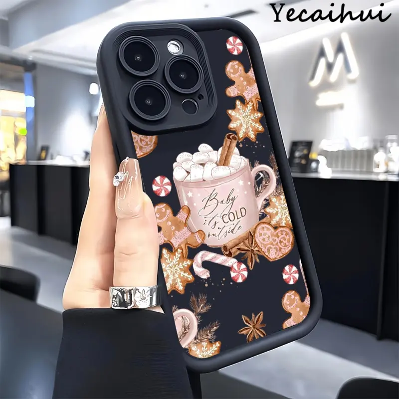Winter Christmas Cookie Man Coffee Pattern TPU Phone Case for iPhone 17 Pro Max 16 Plus 15 14 13 12 11 17Air Anti-Scratch Shockproof Soft Silicone Protective Cover Smartphone Casing