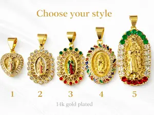 5 Styles - 14K Gold Plated Virgin of Guadalupe Religious Pendant with Figaro Link/ Cuban / Rope Chain Cubic Zirconia Jewelry Micro Pave Sparkling Stones