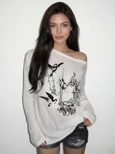 Vintage Graphic Print Long Sleeve Y2K Shirt Sheer Off-Shoulder Going Out Top Casual Style Elegance