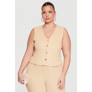 Plus Size Textured Knit Button Front Waistcoat