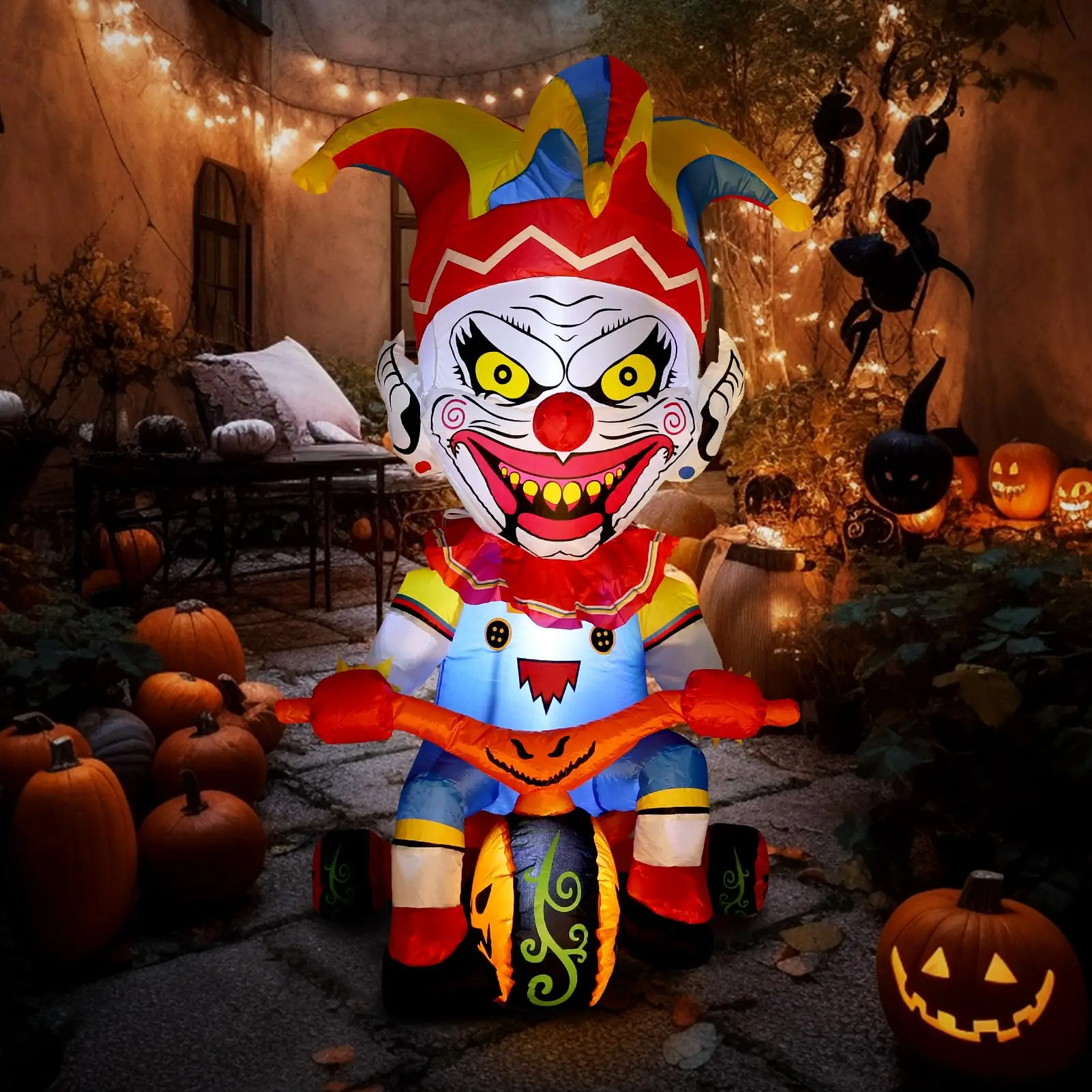 5 FT Polyester Standing Halloween Inflatable Clown Riding Bicycle Kit - Single Unit, Built-in LED Lights Blow-Up Outdoor Ornament for Lawn, Haunted House