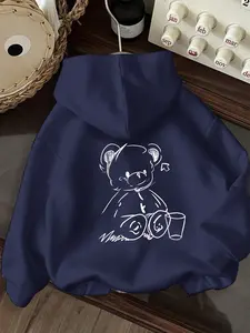 Women's Fun Cartoon Bear Print Hoodie, Cute Sweatshirt, Loose-Fit Polyester with Kangaroo Pocket, Long Sleeve, Fall & Winter Wear, Casual Hooded Sweatshirt