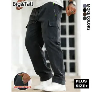 1 Pack Men's Plus Size Green Letter Print Casual Cargo Pants Featuring Zipper Pockets & Large Patch Pockets, Elastic Drawstring Waist All Season Outdoor Long Pants Ideal for Jogging, Hiking and Daily Activities
