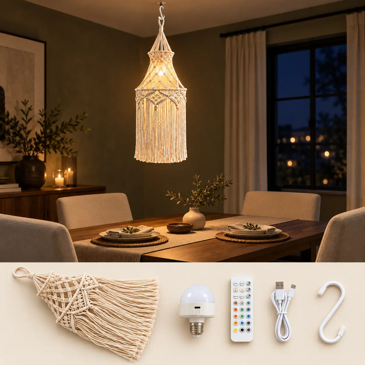 Bohemian Weave Hand-Woven Cotton Rope Hanging Light - USB-Powered Color-Changing LED Bulb, Remote Control Included, for Bedroom Living Room Home Decor