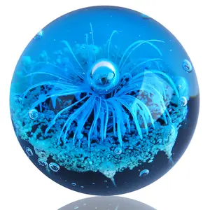 Hand Blown Glass Blue Flower Sphere Figurine,Blue Paperweight Glass Ball,Sea Plant Ornament for Fish Tank Aquarium,Sea Plant Collection for Birthday Gift,Glass Paperweight